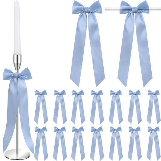 16pcs Blue Candlestick Bows Decor Blue Twist Tie Bows Ribbon Bows Set - 13 Inch Candlestick Decorations for Weddings, Parties, Bridal Showers & Home Decor