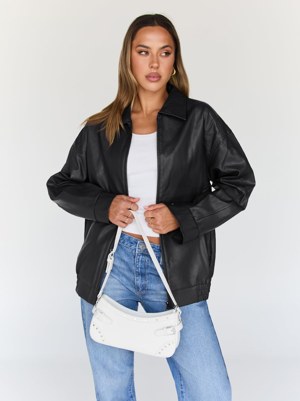 Trendy Queen Womens Leather Jacket, Oversized Night Out & Everyday Statement Piece, Bomber Jackets Fall Moto Coat Black M