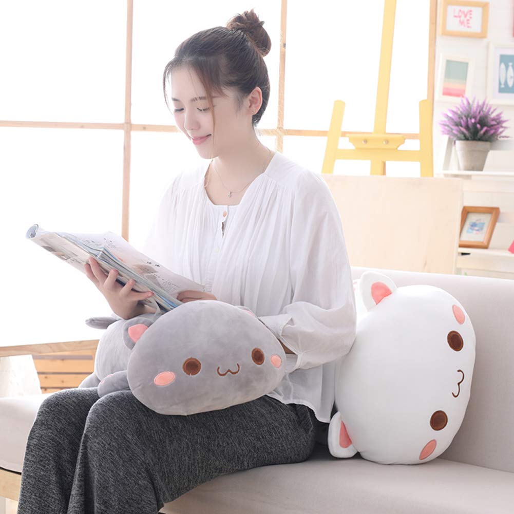 Jensquaify Cat Stuffed Animals, Soft Cat Plush Pillow Kawaii Kitten Stuffed Animal Toy Gifts for Kids (Grey Round Eyes, 13.7")