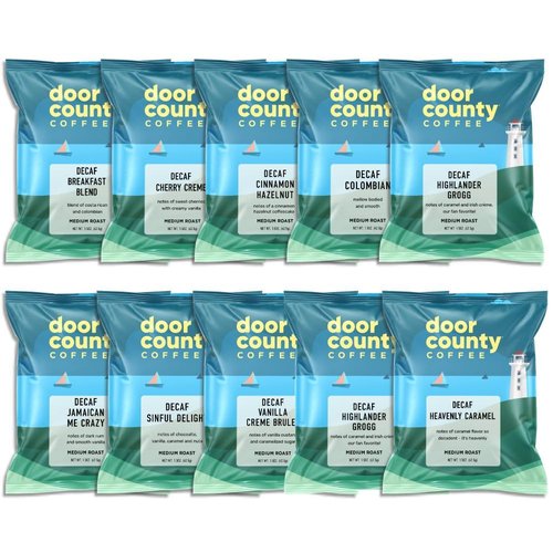 Door County Coffee Gourmet Flavored Decaf Coffee Sampler Pack - 10 Unique Specialty Grade 1 Arabica Bags - 1.5 oz Each