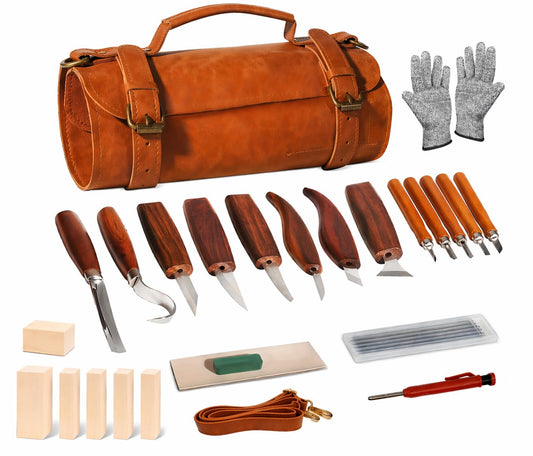 Deluxe Wood Carving Kit, 26Pcs Whittling Tools with 6 Basswood Blocks & Leather Case, High-Carbon Steel Knives, Safety Gloves, Woodworking Set for Beginners Adults DIY Craft Gifts