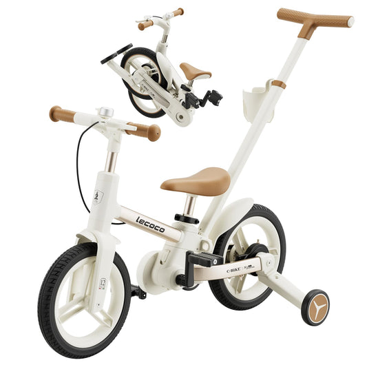 lecoco Upgraded Toddler Bike with Push Handle 6 in 1 for Kids, Balance Bicycle Toys with Training Wheels, Brackes, Cup Holder, Pedal, Kickstand Birthday Gift for Boys and Girls