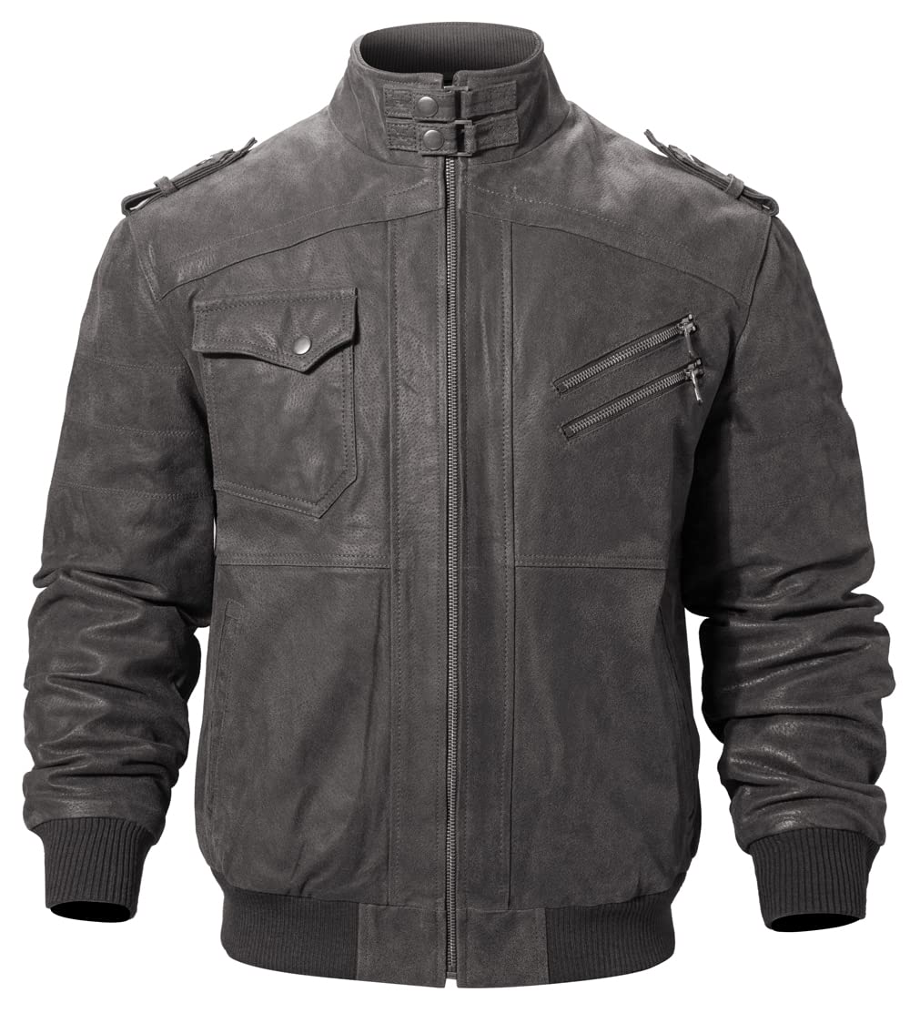 FLAVOR Men Brown Leather Motorcycle Jacket with Removable Hood (Medium, Gray)