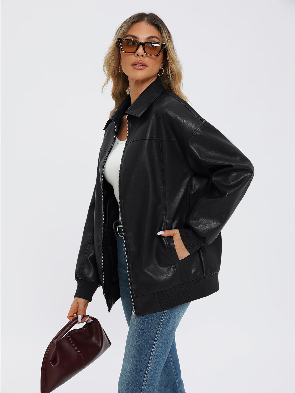 AUTOMET Womens Oversized Leather Jackets Zip Up Coats Faux Motorcycle Bomber Outfits Fall Trendy Fashion Winter Clothes 2026 Black S
