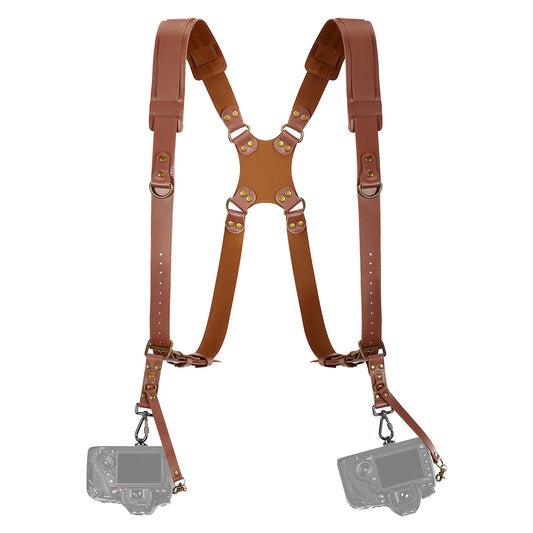 Jumyee Double Camera Harness Strap for 2 Cameras, Adjustable Shoulder Leather Camera Strap for Photographers, Professional Camera Harness for DSLR/SLR for Wedding, Wild, News(Brown Stitched)