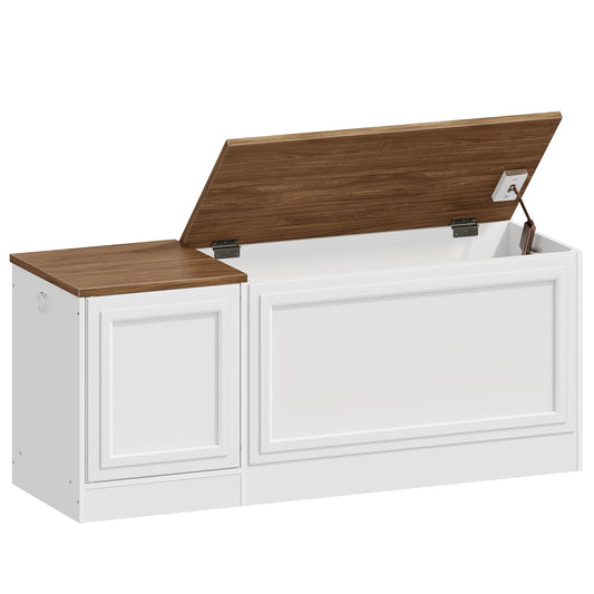 HOOBRO Storage Bench, 47.2" Wooden Toy Box, Toy Chest with Safety Hinge, Farmhouse-Style Storage Chest, Entryway Bench, for Living Room, Bedroom, Hallway, White and Walnut WH54CW01
