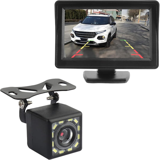 carleef 4.6'',12 Vision,150 12V Plug & Play Backup Camera with Monitor LED HD Rearview Mirror Camera for Night Wide