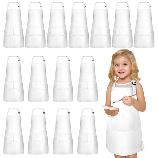 IMERAGO 15 PCS Kids Aprons with Pockets Adjustable Chef Painting Aprons Bulk for Girls Boys Aged 6-13 Cooking Baking Crafting White