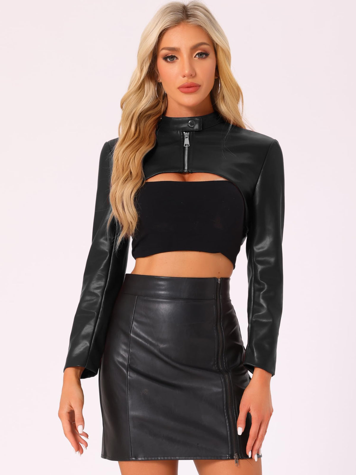 Allegra K Women's Faux Leather Cropped Top Stand Collar Zipper Front Moto Biker Long Sleeve Jacket Coat Small Black