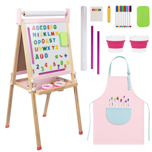 Kids Wooden Easel with Paper Roll, Adjustable Magnetic Double Sided Drawing Board Whiteboard & Chalkboard Dry Easel Board, Children Art Easel for 3-12 Years Kids Boys Girls Painting Drawing (Pink)