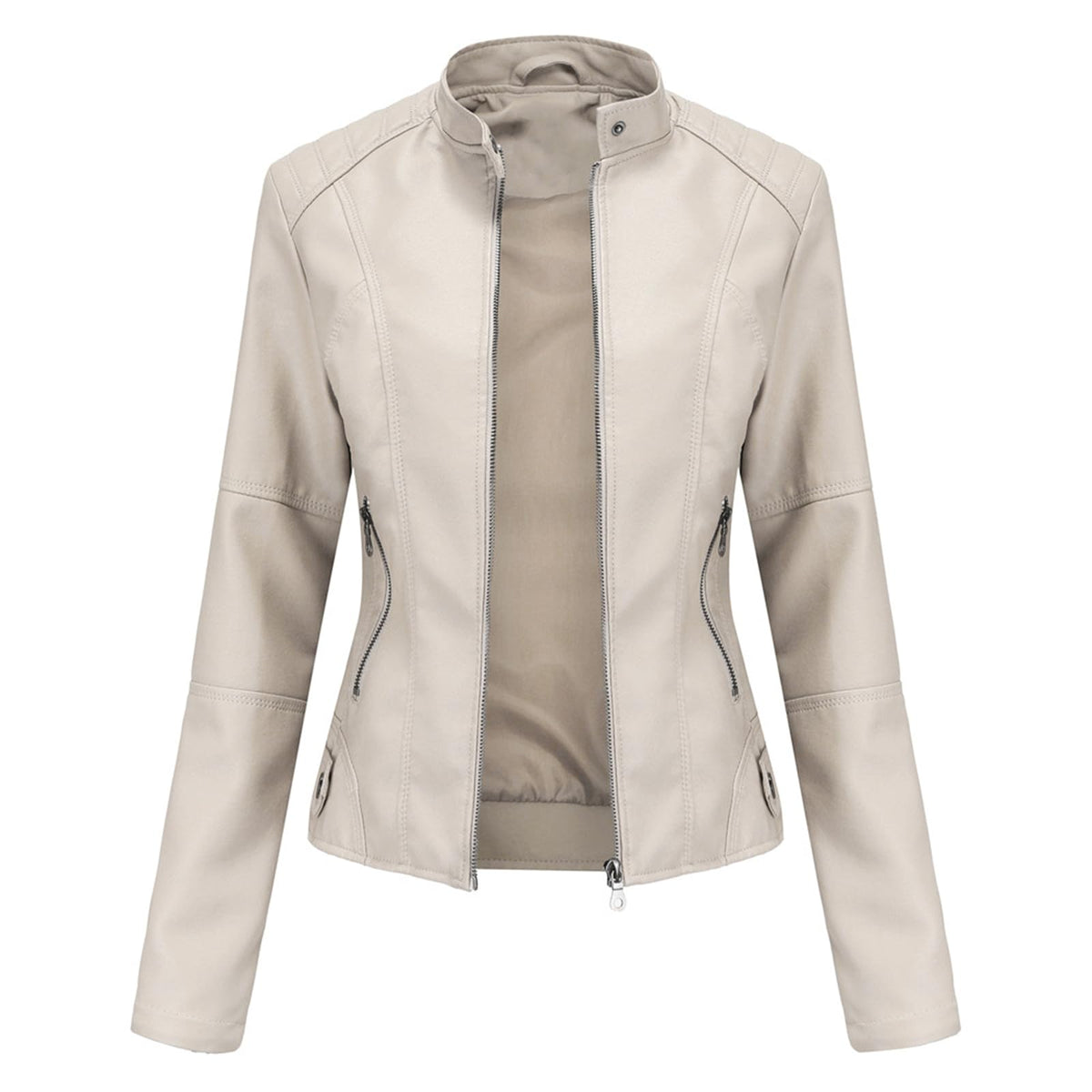 DEAR MODEL Faux Leather Jacket Women Bomber Jacket Women's Belted Motorcycle Jacket,Cream,M