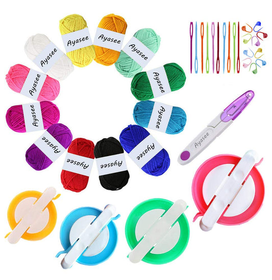 Pompom Maker Kit, Knitting Loom Fluff Ball Weaver Needle Craft DIY Knitting Crochet Tool Kit,4PS Pompom Maker+10PS Knitting Stitch Markers+10PS Plastic Needles+12PS Acrylic Yarn+1PS Scissors(37b)