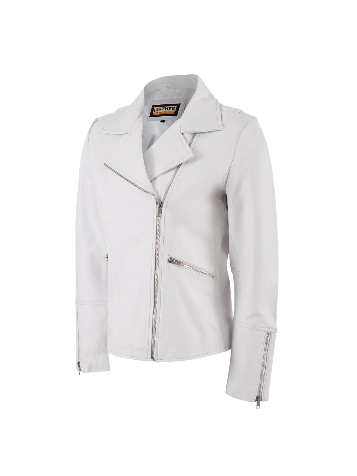 Leather Artist Women’s Real Lambskin Asymmetrical Motorcycle Jacket-Biker Style Genuine Womens Leather Jacket (LA-Biker.Wo-White-2XL)