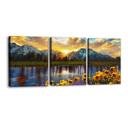 3 Pieces Mountain Canvas Wall Art for Living Room Nature Landscape Picture Sunflower Wall Decor for Bedroom Home Decoration Sunrise Grand Teton National Park Painting Framed Artwork - 12" x 16" x 3