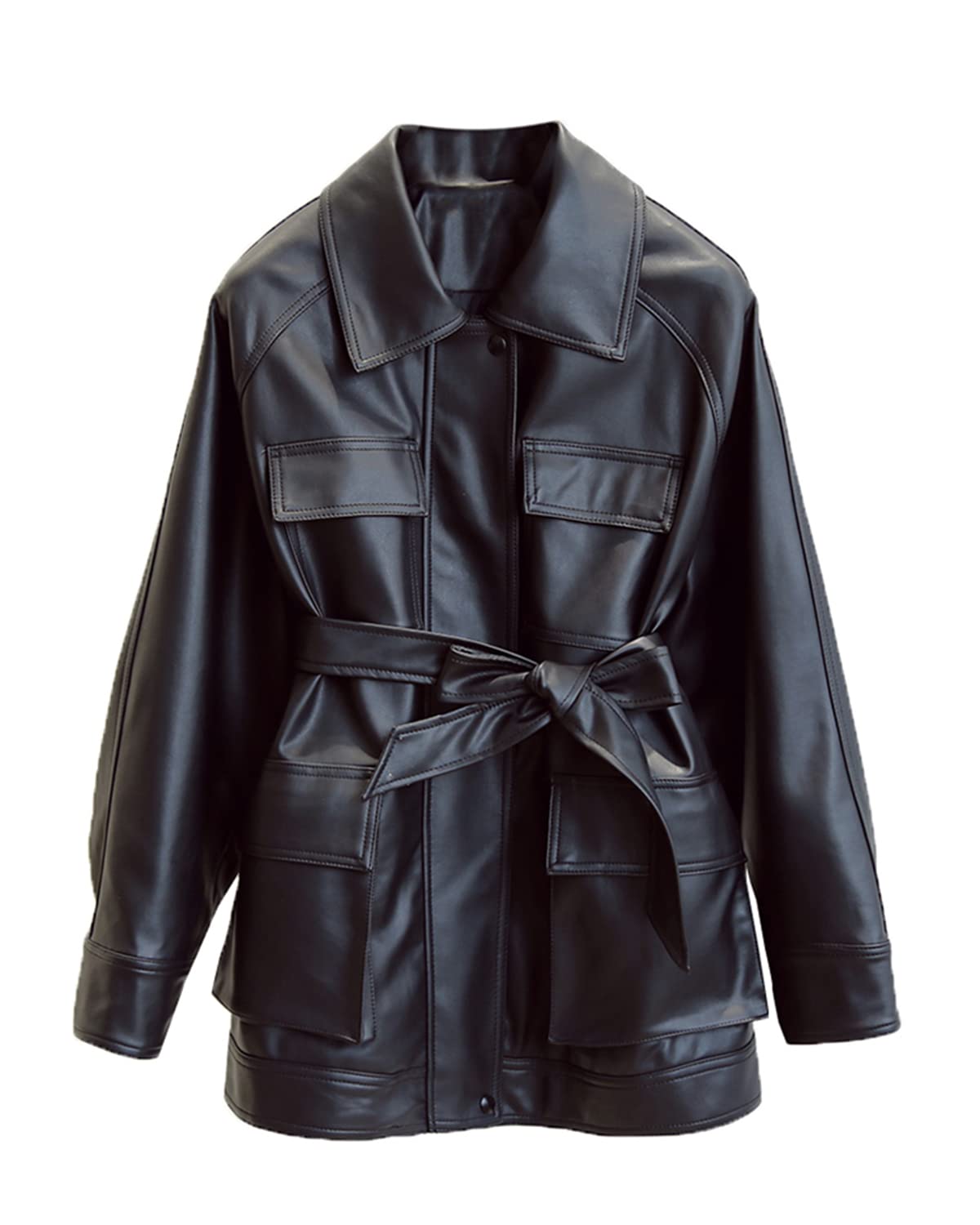 LY VAREY LIN Women Faux Leather Belted Shirt Jacket Lapel Blazer Coat with Bust Pocket