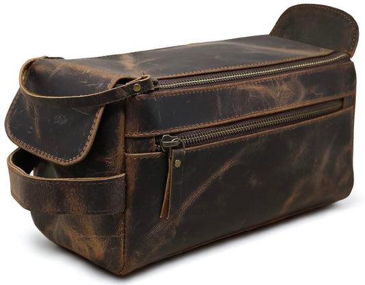 Hindoro Premium Buffalo Leather Travel Toiletry Bag - Unisex Water-Resistant Vintage Travel Pouch Ditty Kit, Shaving & Cosmetic Organizer for Men & Women - Compact Bathroom Essentials - Dark Brown