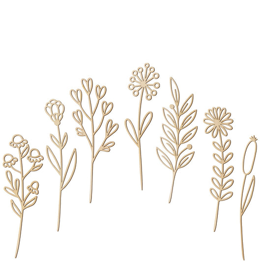 Wooden Flowers Wildflower Wall Decor Boho Wood Flowers Bouquet with Stems for Crafts 7 Pcs Colorable Floral Nursery Wall Art Cutouts Decals For DIY Baby Girl Bedroom Home Decoration Birthday Gift