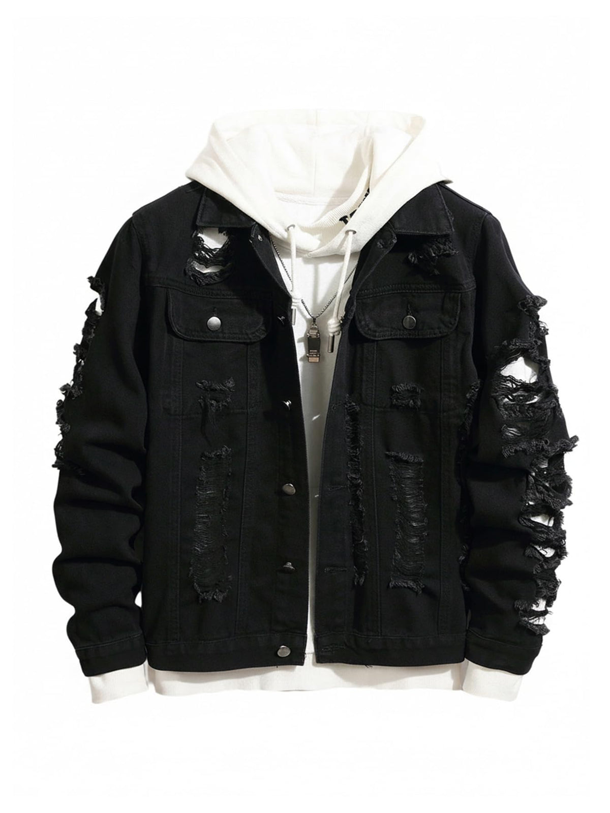 SOLY HUX Men's Ripped Denim Jacket Button Front Collared Long Sleeve Grunge Jean Jackets Streetwear Pure Black X-Large