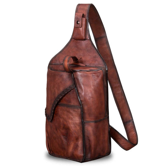 IVTG Genuine Leather Sling Bag for Men Vintage Handmade Crossbody Chest Bag Casual Daypack Hiking Backpack Motorcycle Pack (Coffee) One_Size