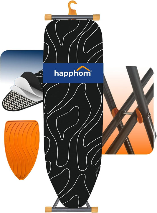 Skiennix Compact Ironing Board - Height Adjustable with Extra Thick Cover & Smart Hanger | Black (13x43)