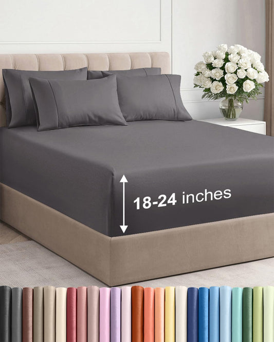 Skiennix Extra Deep Queen Sheet Set | 6-Piece Breathable Cooling Bedding - Soft, Wrinkle-Free Grey