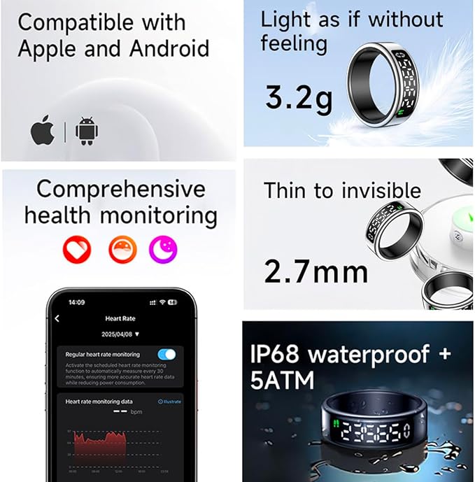 Smart Health Ring with Screen,for Women Men Fitness Tracker Heart Rate, Blood Oxygen, HRV,Sleep Monitoring, Step Counting, IP68 for iPhone and Android, No Subscription Fee (Silver, 12#)