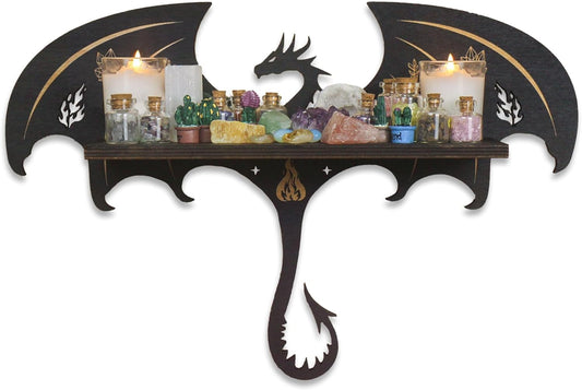 FNYDOX Gothic Evil Dragon Decor Crystal Display Shelf for Wall, Wooden Witchy Shelf Rock Display Case Knick Knack Organizer Trinket Holder, Wall Hanging Shelves for Essential Oil & Nail Polish
