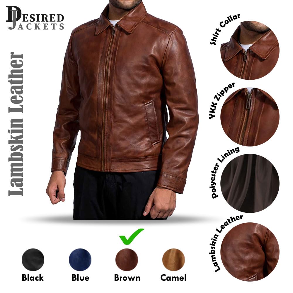 Mens Leather Jacket - Real Lambskin Classic Vintage Style Leather Jackets For Men Brown Leather Jacket for Mens (US, Alpha, Small, Regular, Regular, Brown)