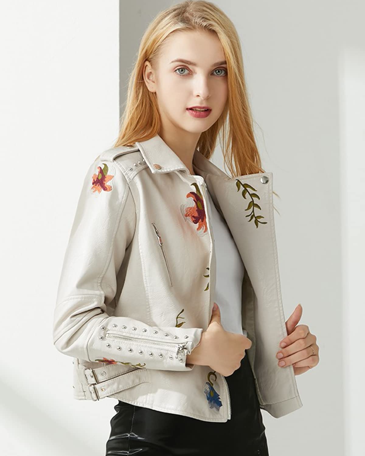 YILANUOYI Women's Embroidered Studded Faux Leather Jacket Moto Punk Jacket Floral Coat (M, XHPY Beige)