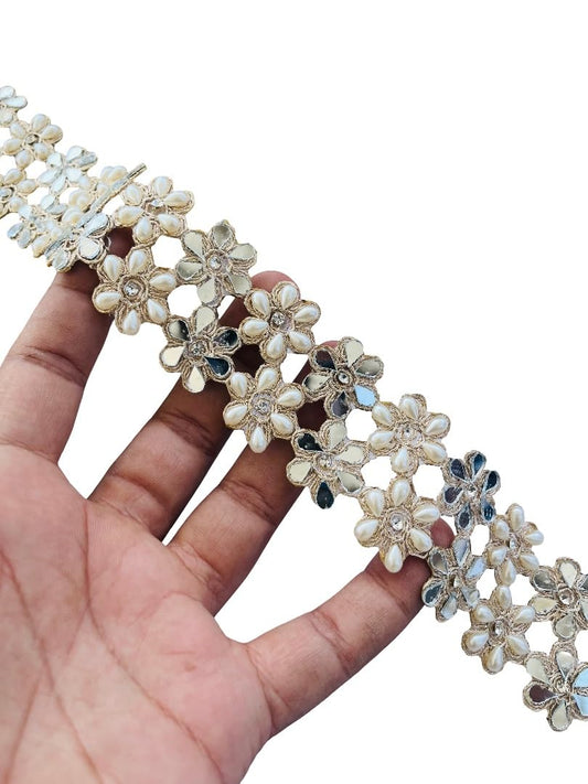 PIYUCRAFTS 1.5 Inch Mirror Pearls Flower Design Trim – Available in 1, 3, 6 Yards – Decorative Lace Border for Sarees, Dresses, DIY Crafts, Wedding Decor, Home Embellishment (1)
