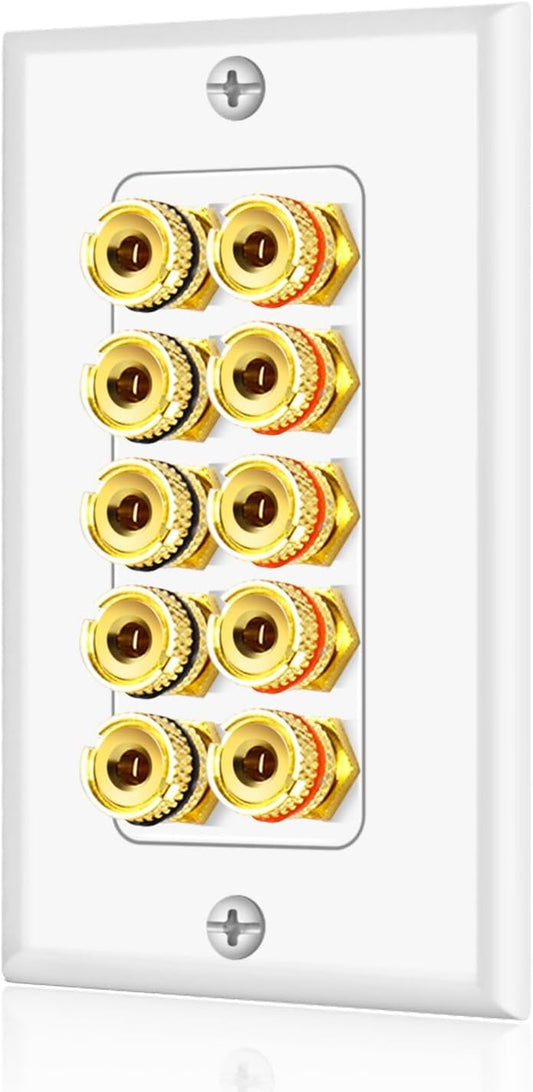 TNP Products 5 TNP Home Theater Wall Plate - Banana Plug Wall Plate, Speaker Wire with Gold-Plated Terminals, Single