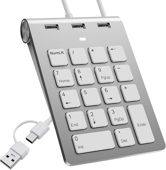 Bawanfa Plus 3 2.0 18 USB C Wired Number Pad, USB Numeric Keypad with USB Ports, Key Number Pad Portable Slim Mini