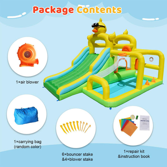 Baralir Duck-Themed Inflatable Bounce House with Extra Wide Slide & Climbing Wall, Basketball Hoop, Ring Toss, Punching Bag, 2-in-1 Splash Pool/Ball Pit - Indoor/Outdoor Jumping Castle for Toddlers
