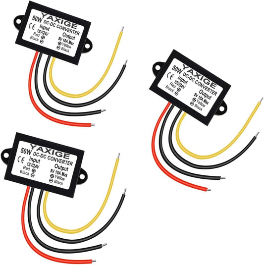 YAXIGE 3PCS 12V/24V 5V 10A 50W (10V-32V 5V, 10A) to Step-Down Converter Regulator Waterproof Step-Down Power Supply