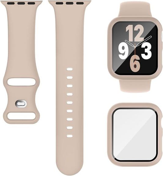 Compatible for Apple Watch Band 44mm 45mm and Case with Screen Protector, Soft Silicone Sport Strap Bands and Protective Cover with Tempered Glass for iWatch Series 9 8 7 SE 6 5 4
