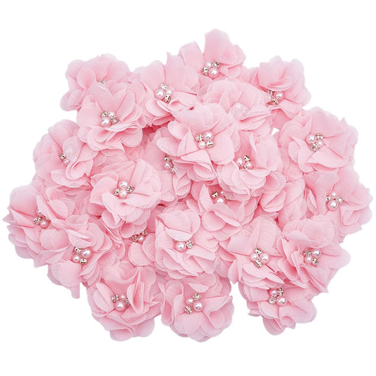 SOFPLATE 1 Box 30Pcs Pink Chiffon Flower Artificial Fabric Flower Appliques Pearl Rhinestone Felt Back Sewing Appliques for Clothes Hair Accessories Embellishments Wedding Decor DIY Craft Projects