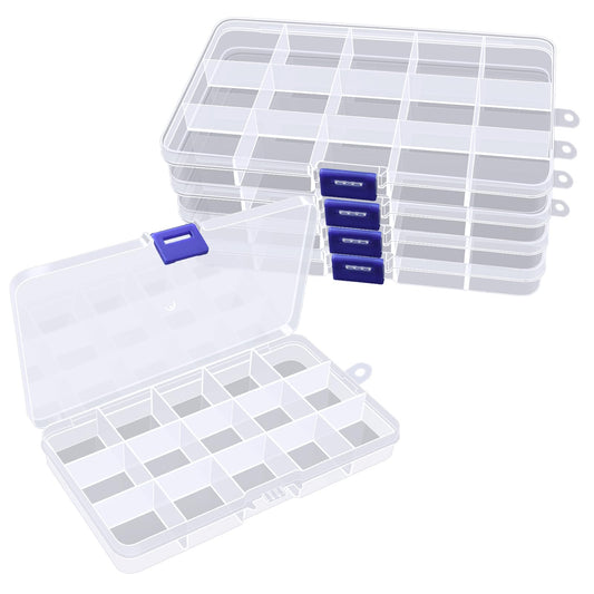 Vlammende 5-Pack 15 Grids Bead Organizer,Plastic Organizer Storage Box Clear Fishing Tackle Box,Diamond Jewelry Craft Painting Storage Case for Jewelry,Beads,Tools