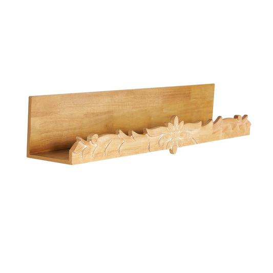 Deco 79 Wooden Floral Wall Shelf with Carved Scroll Lip, 30" x 6" x 6", Light Brown