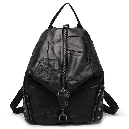 Downupdown Genuine Leather Backpack Contrasting Multicolor Splicing Backpack Fashion Large Capacity Travel Backpack-Black