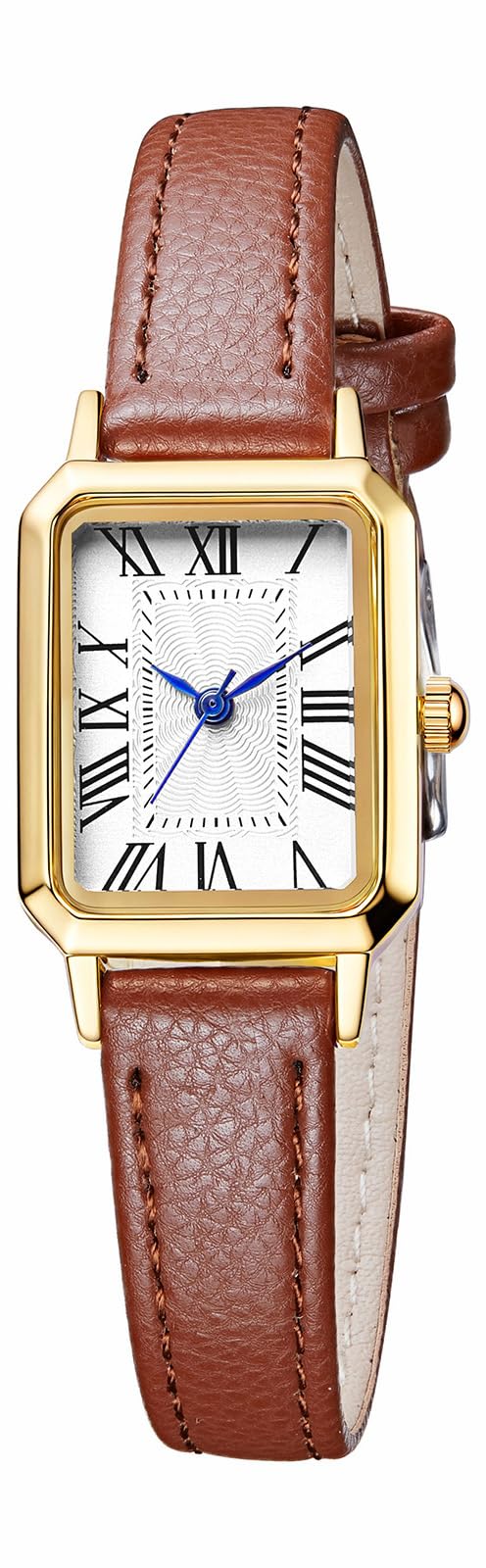 BESTKANG Leather Strap Watches for Women Elegant Dainty Ladies Watch Vintage Rectangle Women Quartz Wrist Watch (Brown Gold White)