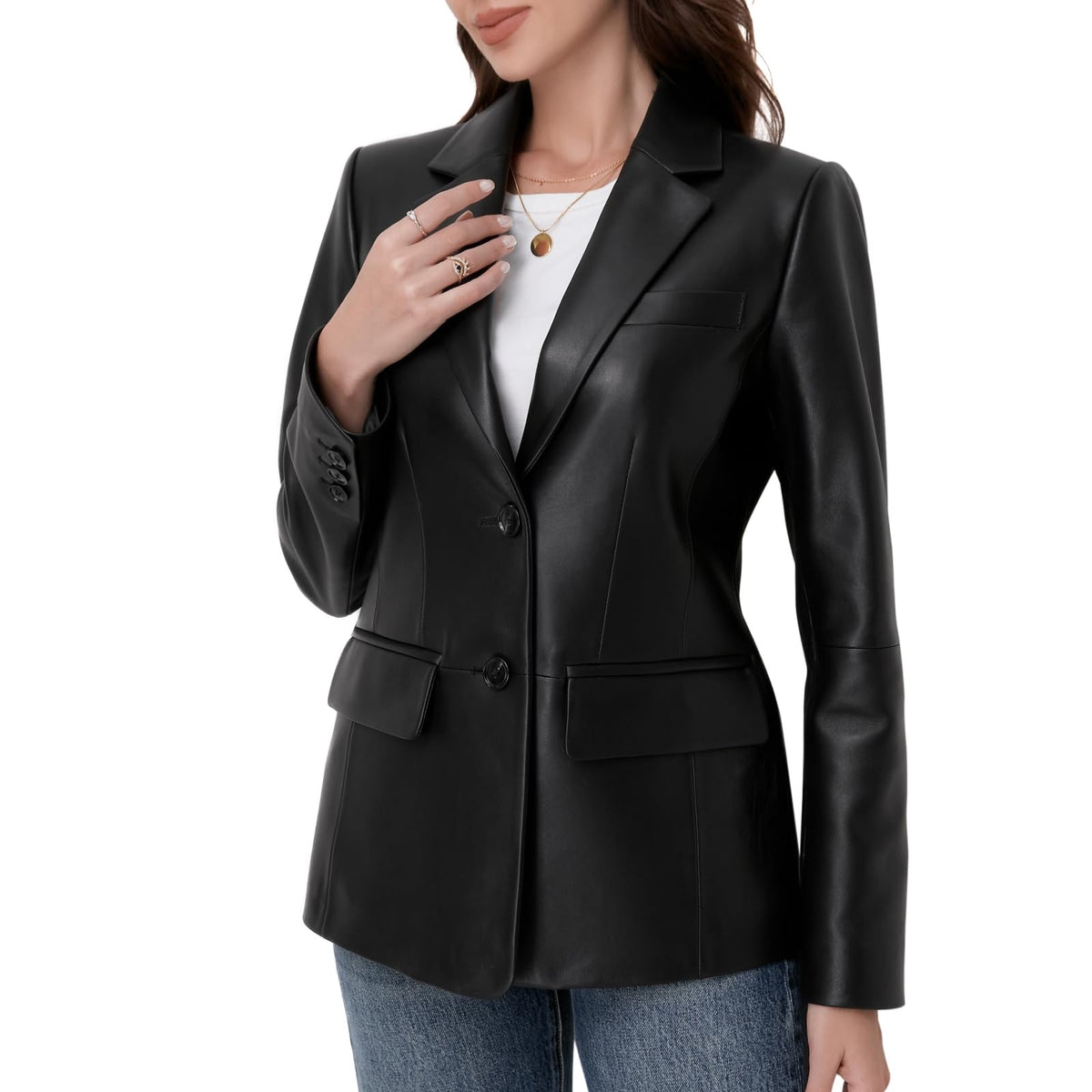 SILVER FASHIONS Lambskin Leather Jacket Women,Long Sleeve Button Front Leather Blazer,Notched Lapel Casual Style,Vent Detail (Large,Black)