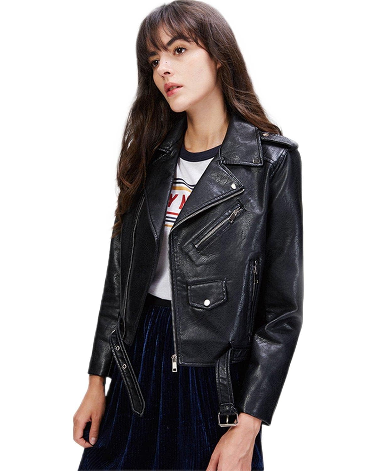 LY VAREY LIN Women's Faux Leather Motorcycle Jacket PU Slim Short Biker Coat (L, Black)