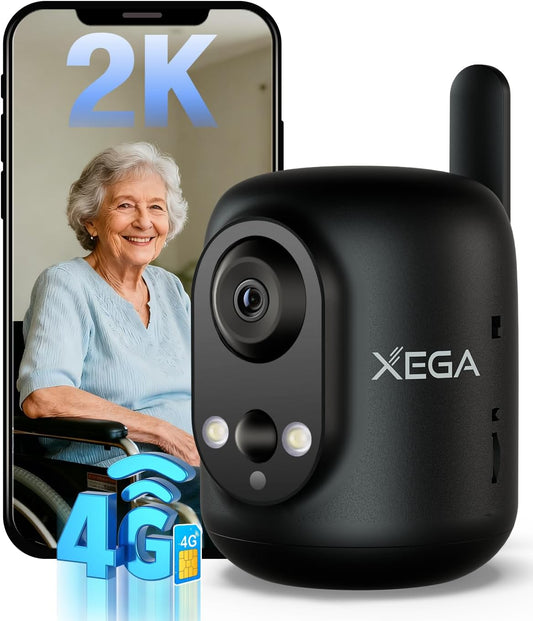 Xega 4G 2K 355P/60T, 6000mAh LTE Cellular Security Camera Indoor Wireless, No WiFi Camera for Baby/Pet/Elderly