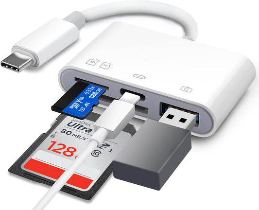 WZDYFL 15-17, 4-in-1 3 SD Card Reader for iPhone USB C SD Card Reader iPhone with SD/TF/USB-A Slots & Charging Port