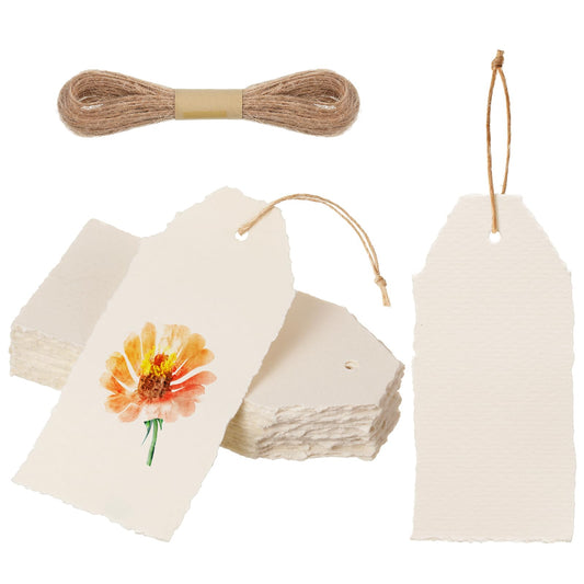 Feifeiya 50 Pack Handmade Vintage Deckle Edge Tags with String 3.75 x 1.75 Thick 160 GSM Cotton Gift Tags for Valentine's Day Birthday Party Arts Crafts Gift Labels(Vintage Beige)