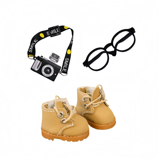 3 Pieces Doll Clothes Set Accessories, Mini Doll Martin Boots Glasses Camera Decoration for 17cm Dolls, Mini Finger Shoes, Cute Outfit Clothing Accessory for 1st/2nd/3rd Gen Monsters Doll