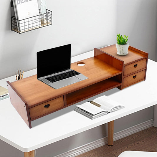 YIYIBYUS 2-Tier Monitor Stand Riser Bamboo Wood Computer Monitor Riser Stand Desktop Organizer Stand with Storage