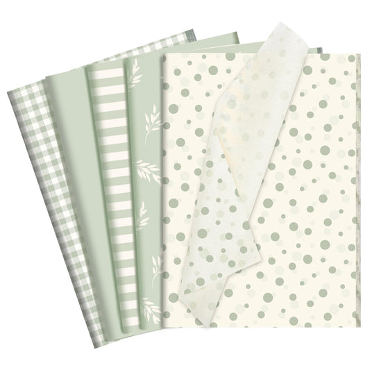 woric 120 Sheets Green Tissue Paper for Gift Bags, Sage Green Gift Tissue Paper Bulk with Botanical Stripe Dot for Spring Wedding Baby Shower Graduation DIY Crafts, 14 x 20 Inch