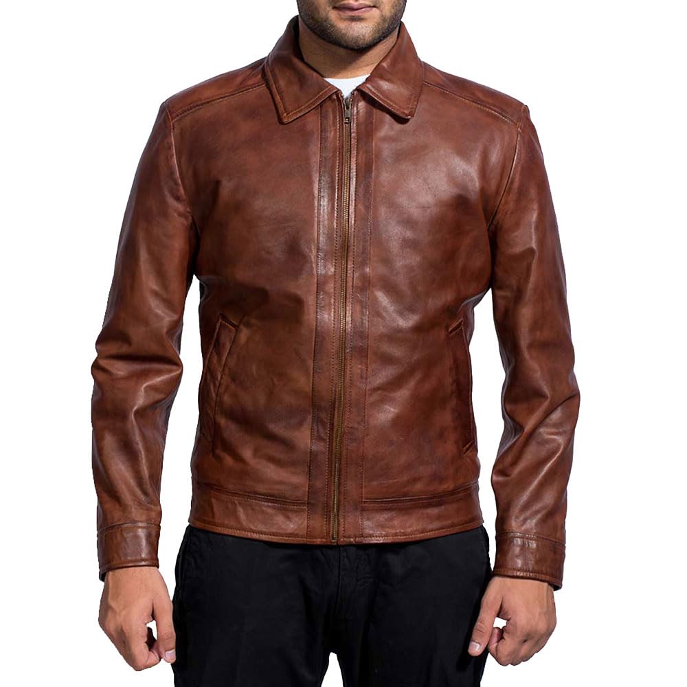 Mens Leather Jacket - Real Lambskin Classic Vintage Style Leather Jackets For Men Brown Leather Jacket for Mens (US, Alpha, Small, Regular, Regular, Brown)