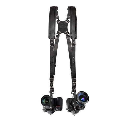 Jumyee Double Camera Harness for 2 Cameras, Adjustable Dual Shoulder Leather Camera Strap for DSLR/SLR(Black Leather)